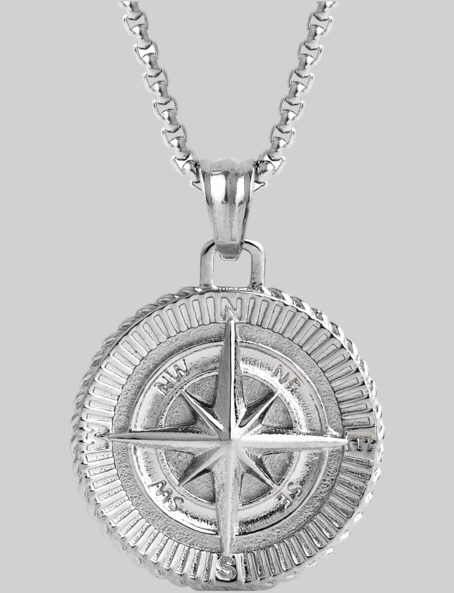 Men's 925 Sterling Silver compass pendant with box chain 