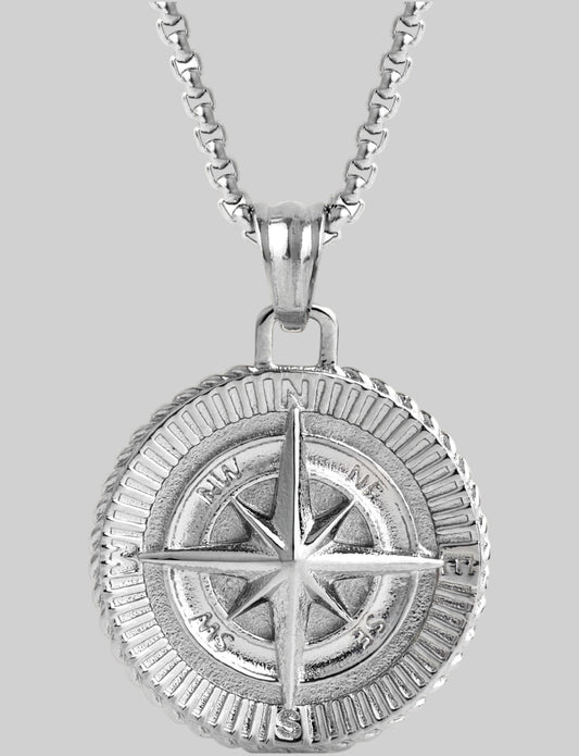 Men's 925 Sterling Silver compass pendant with box chain 