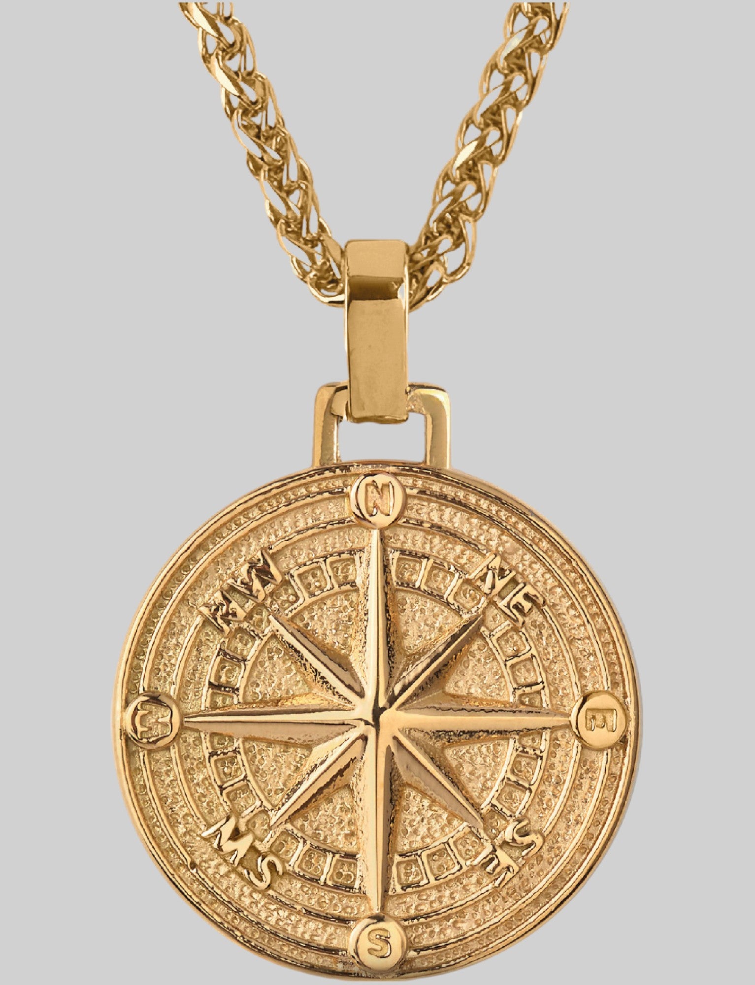 Men's gold compass pendant with wheat chain