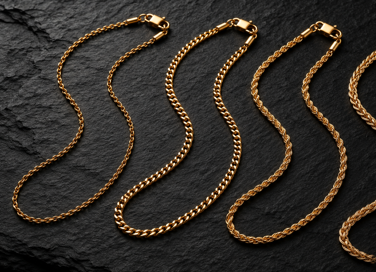 Men's gold chain necklaces on dark slate