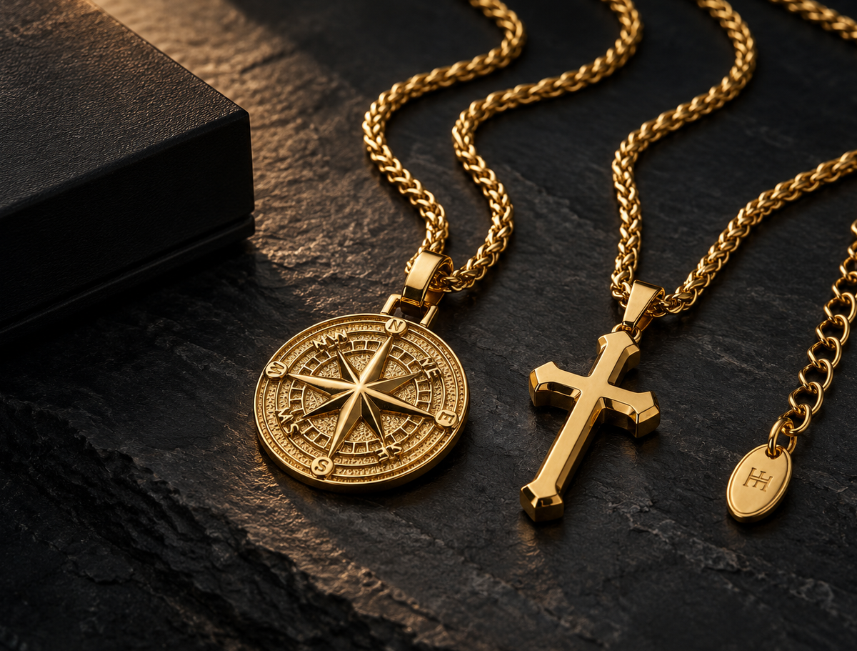 Men's gold compass and cross pendant necklaces on dark slate