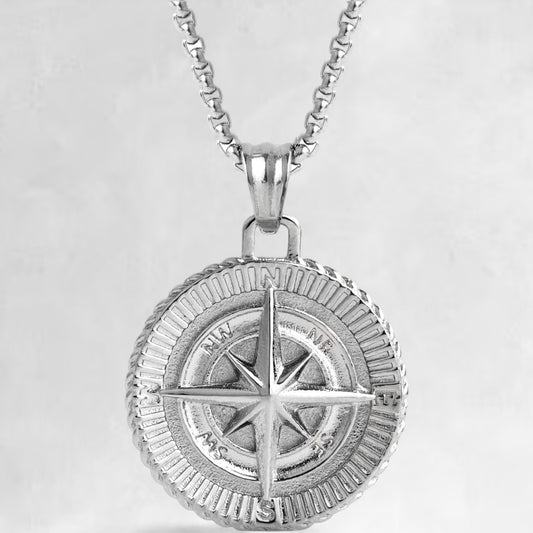 Men's silver compass pendant necklace