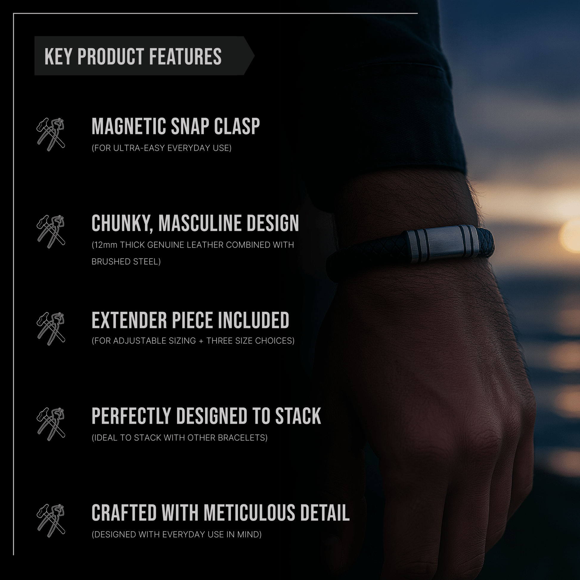 NAVARRO [SINGLE LEATHER - BLACK - PERSONALIZED] - Forge & FoundrybraceletForge & Foundry