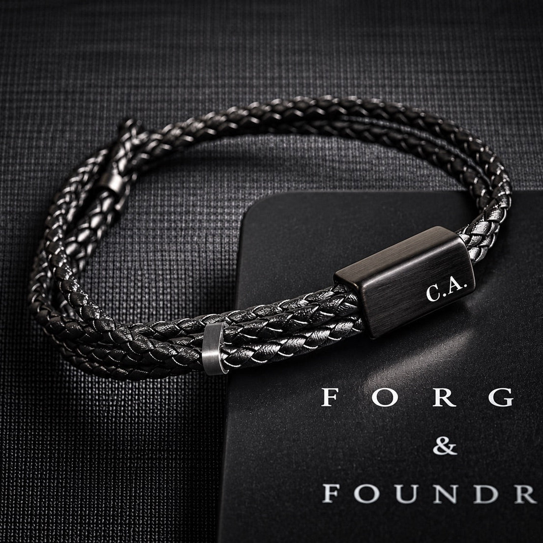 Personalised men's engraved all black twisted leather bracelet - Drayton by Forge & Foundry