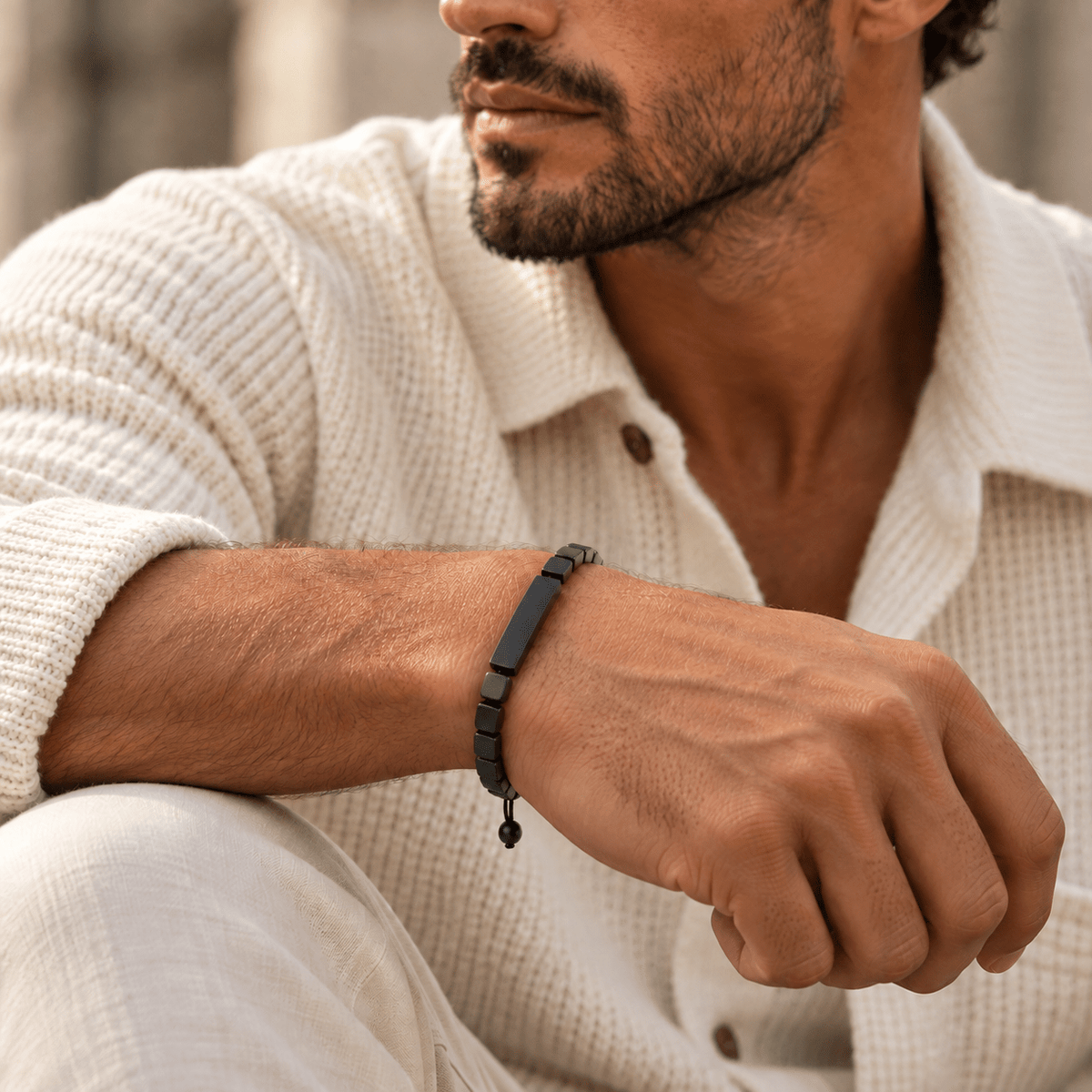 Personalised men's flat black hematite bead bracelet - Forge & Foundry, view 2