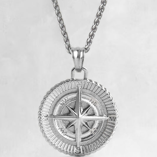 Men's silver compass pendant necklace