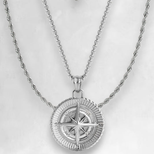 Men's silver compass pendant and rope chain necklace set