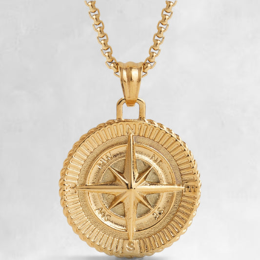 Men's gold compass pendant necklace