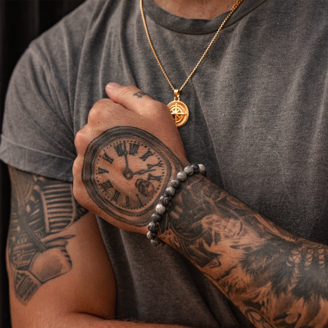 Men's adjustable 8mm jasper bead bracelet on model