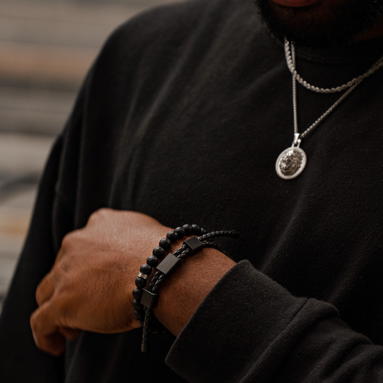 Mens triple black clasp leather bracelet and faceted bead bracelet