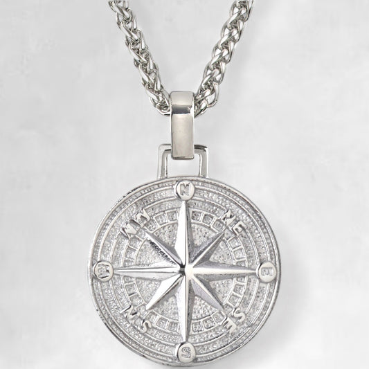 Men's silver compass pendant necklace