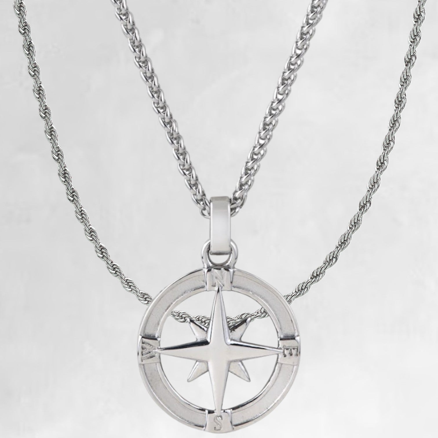 Men's silver North Star pendant and rope chain necklace set