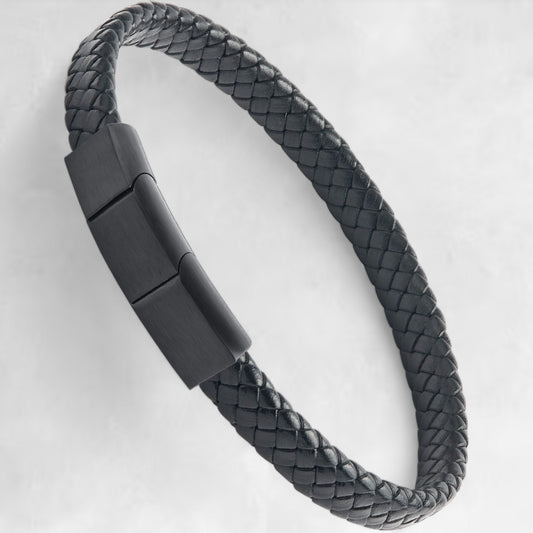 Men's adjustable black twisted leather bracelet with brushed black clasp