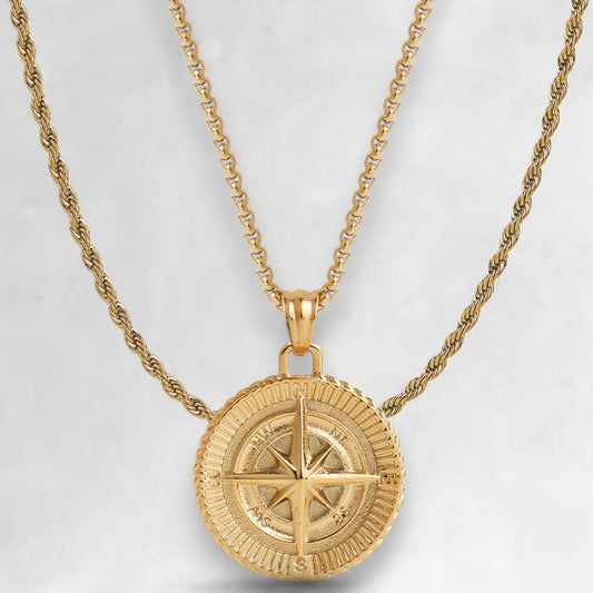 Men's gold compass pendant and rope chain necklace