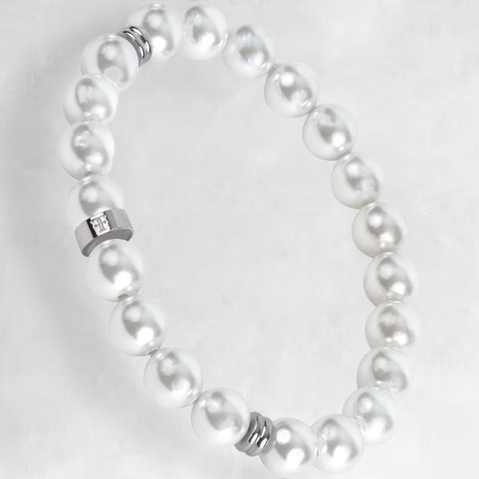 Mens' 8mm shell pearl bracelet with silver accent beads