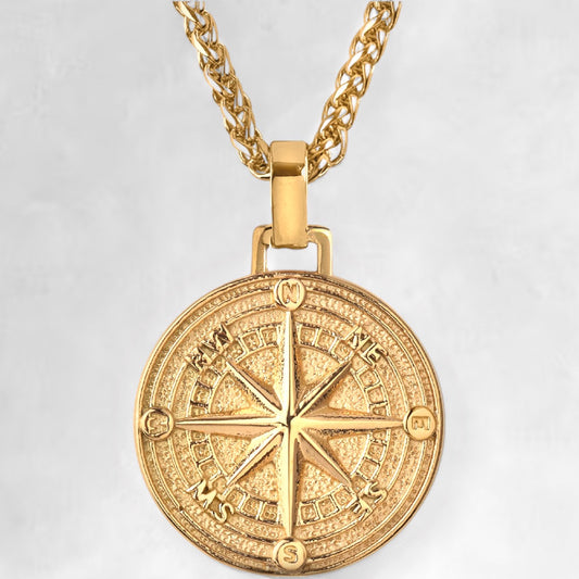 Men's gold compass pendant necklace