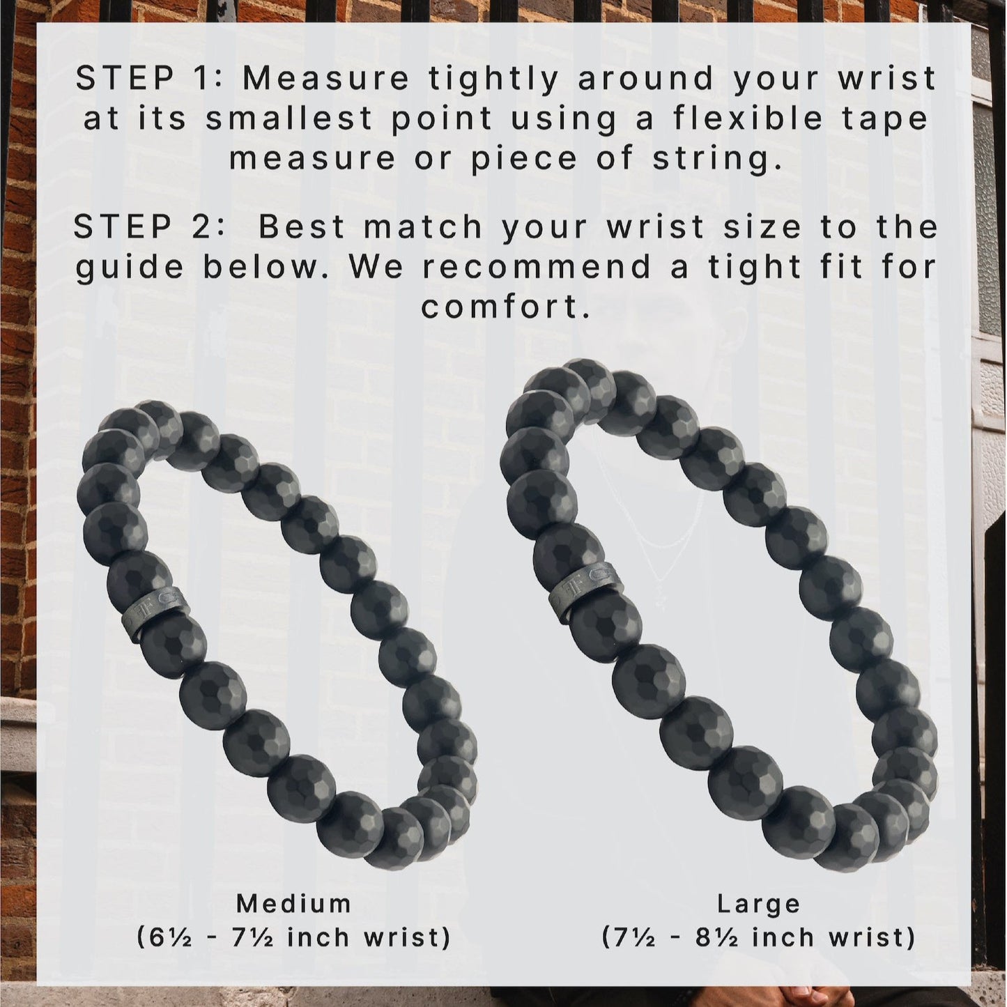 Men's black faceted onyx bead bracelet with black accent bead size guide