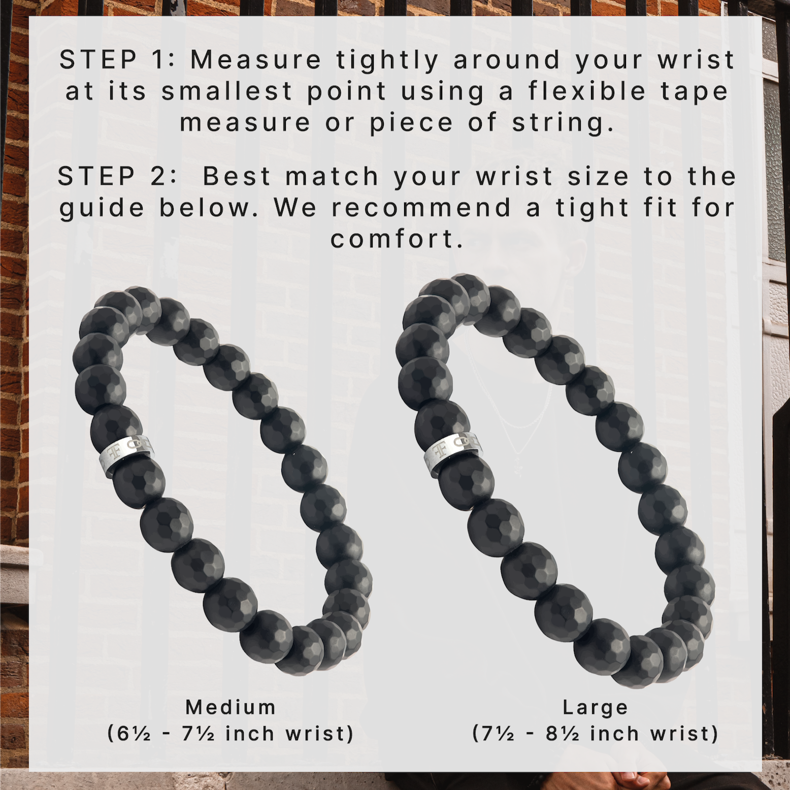 Men's faceted black onyx bead bracelet size guide