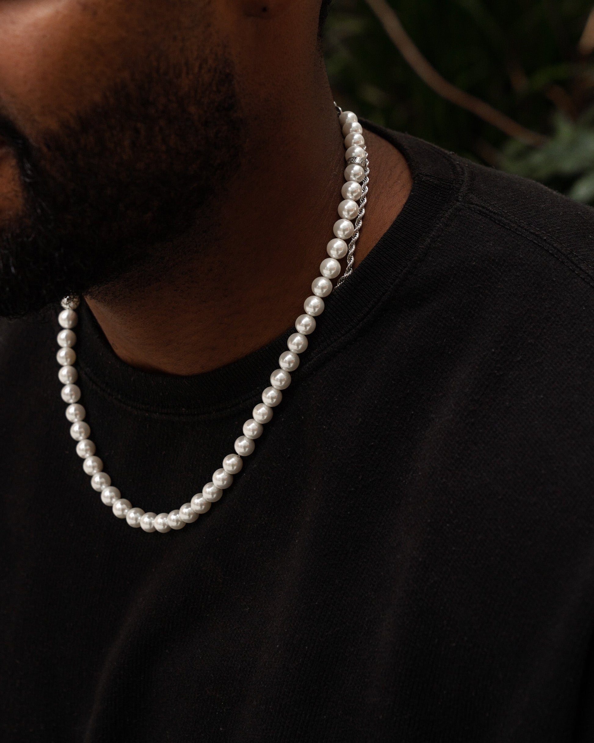 mens pearl necklace with silver beads on model 